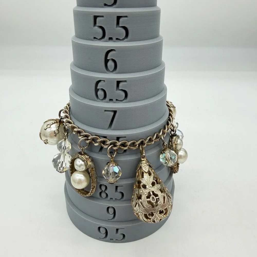 Vintage Charm Bracelet Dangling AB Crystal Faux Pearl Ball Filigree Read
